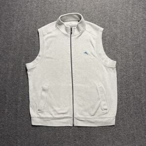 Tommy Bahama Vest Mens Large Light Gray Sleeveless Full Zip Stand Up Collar